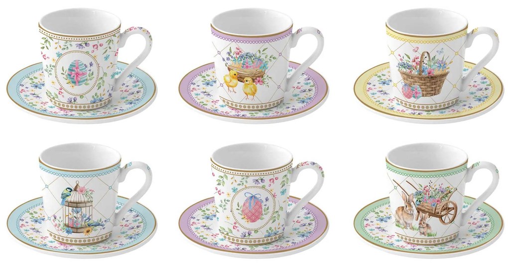 Spring Bloom húsvéti porcelán eszpresszó kávés csésze 6 személyes szett díszdobozban