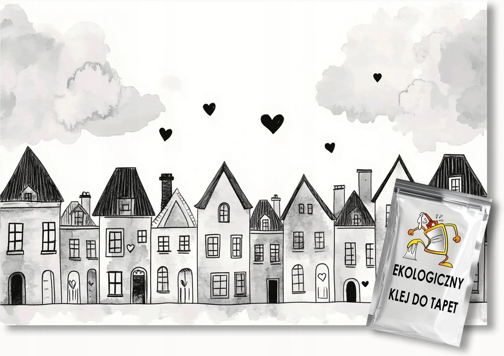 Fotótapéta Flizelina Gyerekek Város Utca Házikók Szívecskék B&amp;w 100x75 ragasztó