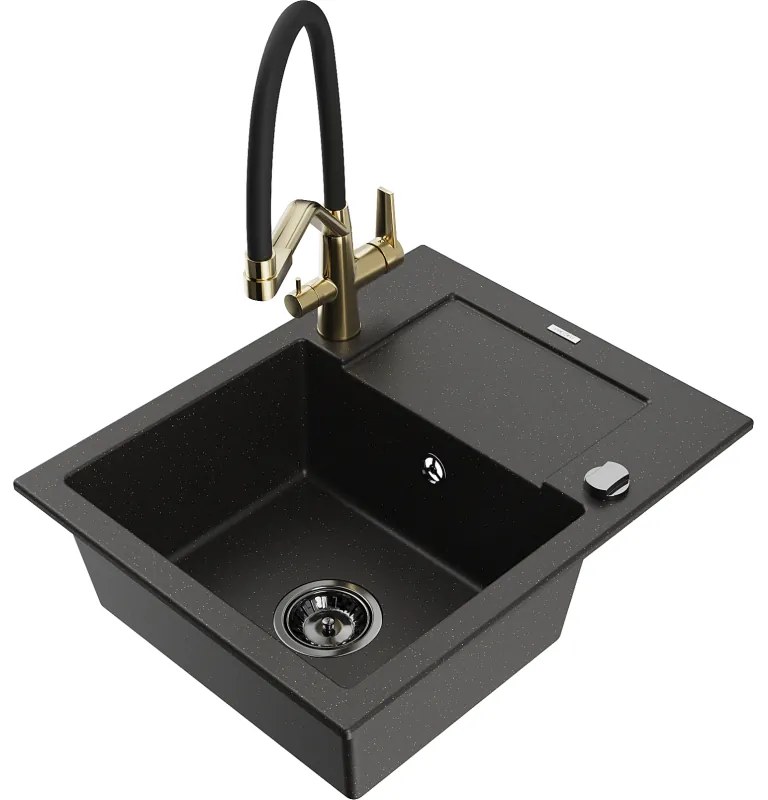 Mexen Enzo gránit mosogató 1 medencés csepegtetővel és Duo konyhai csapteleppel, fekete/arany metál - 6506-75-671701-57-B