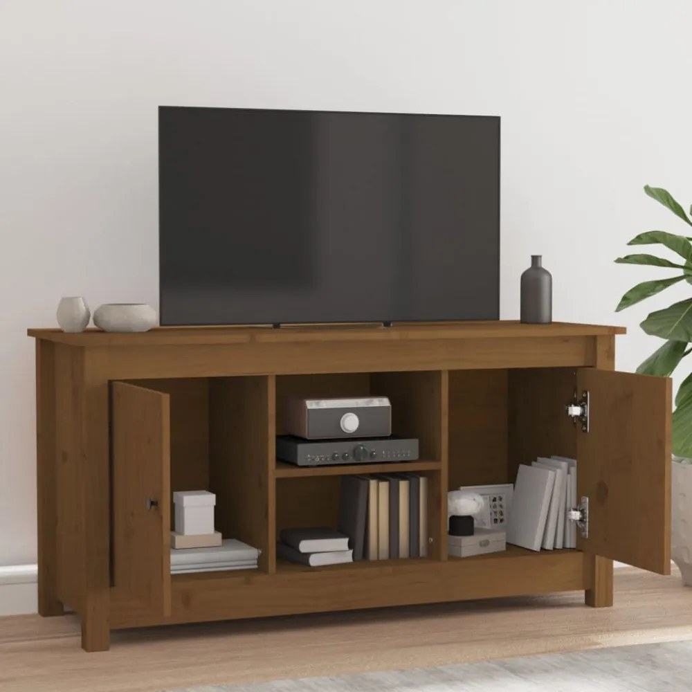 mézbarna tömör fenyőfa TV-szekrény 103 x 36,5 x 52 cm