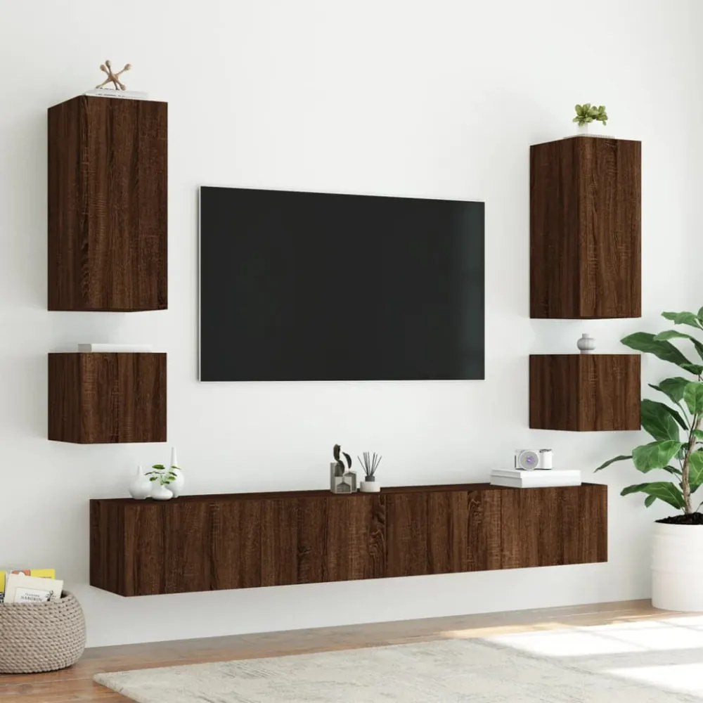 2 db barna tölgyszínű fali TV-szekrény LED-del 40,5x35x40 cm