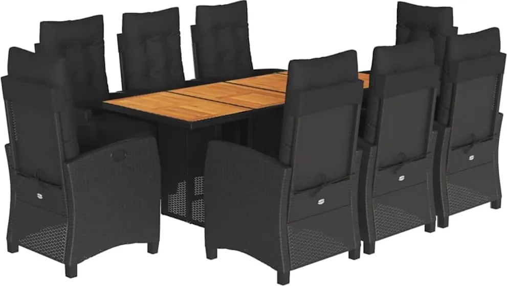 vidaXL 9 részes fekete polyrattan kerti étkezőgarnitúra párnákkal