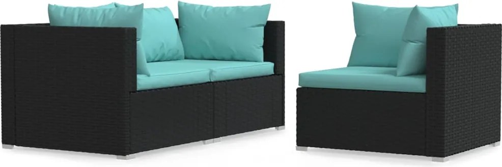 vidaXL 3 részes fekete polyrattan kerti ülőgarnitúra párnákkal