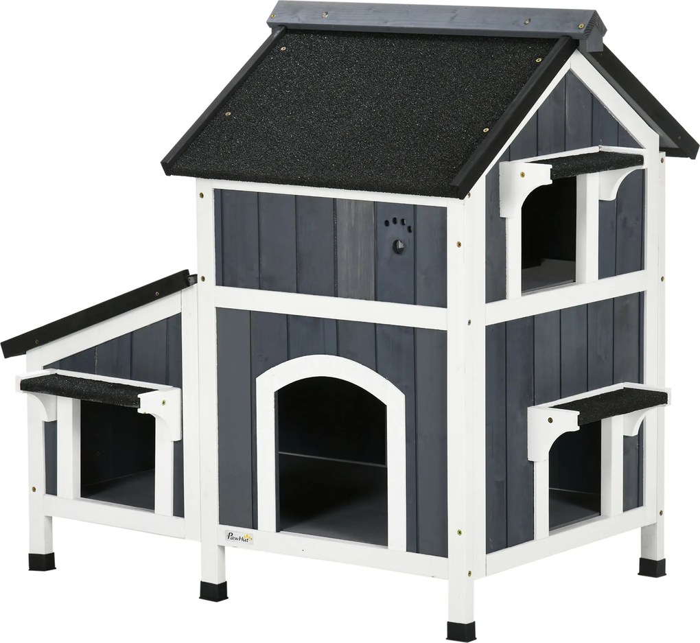 PawHut Fa Macskaól, Téli Védett Macska Menedék Több Bejárattal, 2 Szint, Kültéri Macska Búvóhely Aszfalt Tetővel, Virágláda Kültéri Kertbe, 96 x 65 x