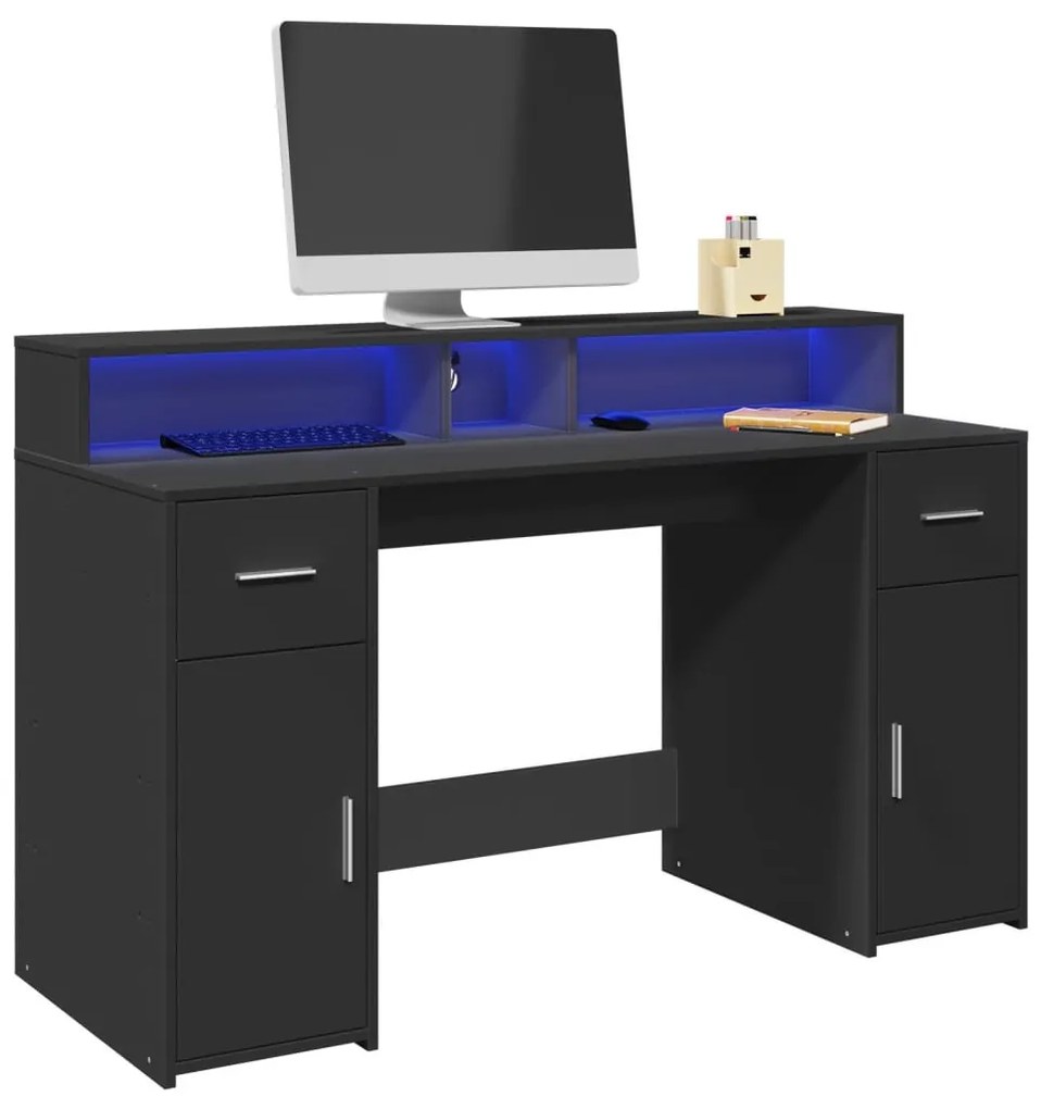 fekete szerelt fa íróasztal LED-világítással 140 x 55 x 91 cm