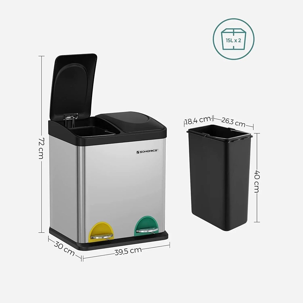 Szemétgyűjtő, szelektív hulladékgyűjtő, acél, 30 liter, 2 x 15l