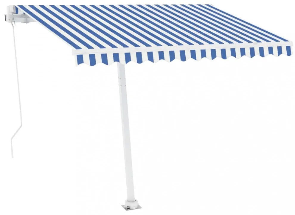 kék és fehér kézzel kihúzható póznás napellenző 300 x 250 cm