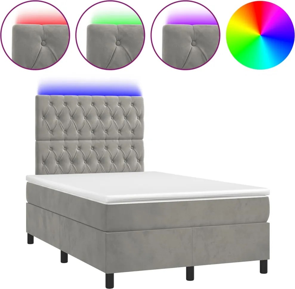 vidaXL világosszürke bársony rugós és LED-es ágy matraccal 120x190 cm
