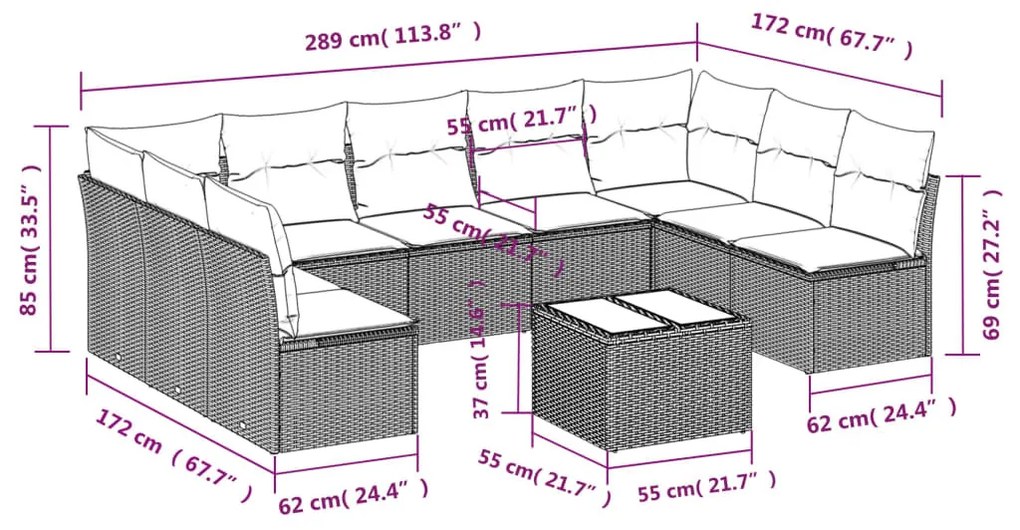 10 részes barna polyrattan kerti ülőgarnitúra párnákkal