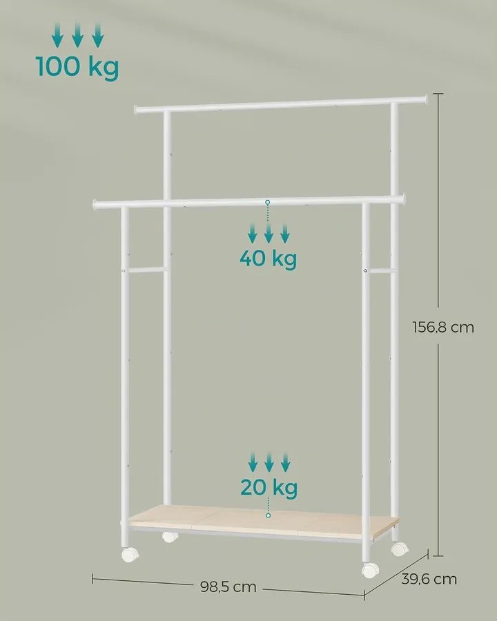 SONGMICS Colten Kétsínes Ruhaállvány Polccal, 98,5 cm, 100 kg, Matt Fehér / Természetes Bézs