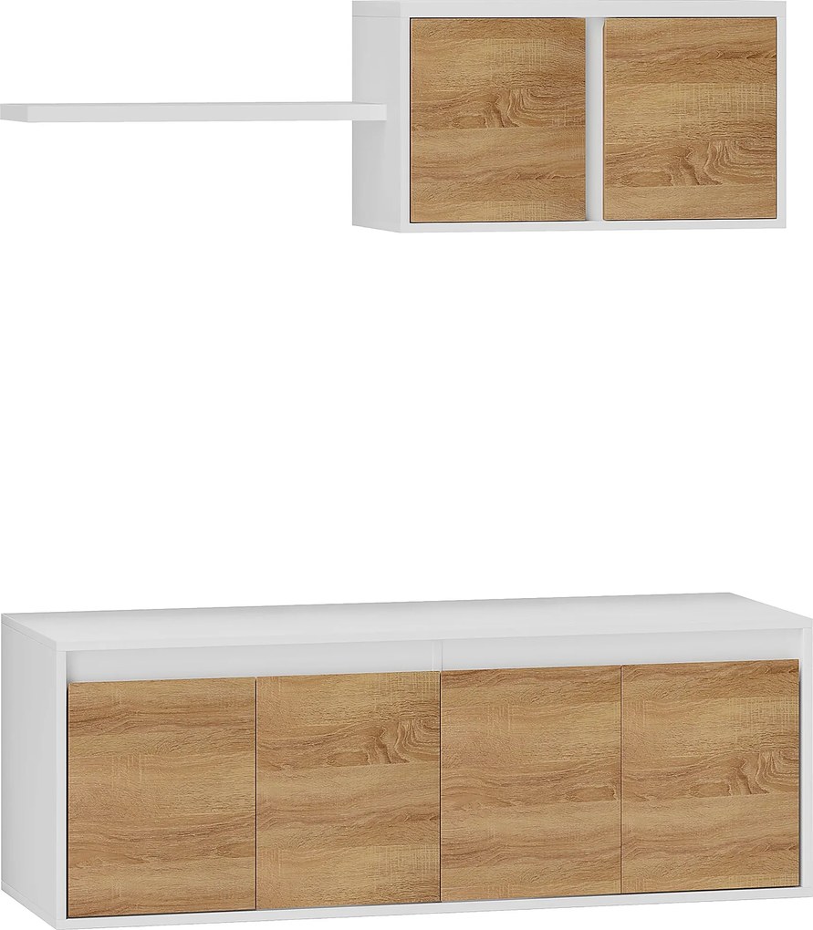 HOMCOM TV Állvány és Fali Szekrény Szett 7 Polccal és Nyitott Polccal, Forgácslap TV Állvány, 120x41x43.3 cm, Fehér és Fa Szín | Aosom