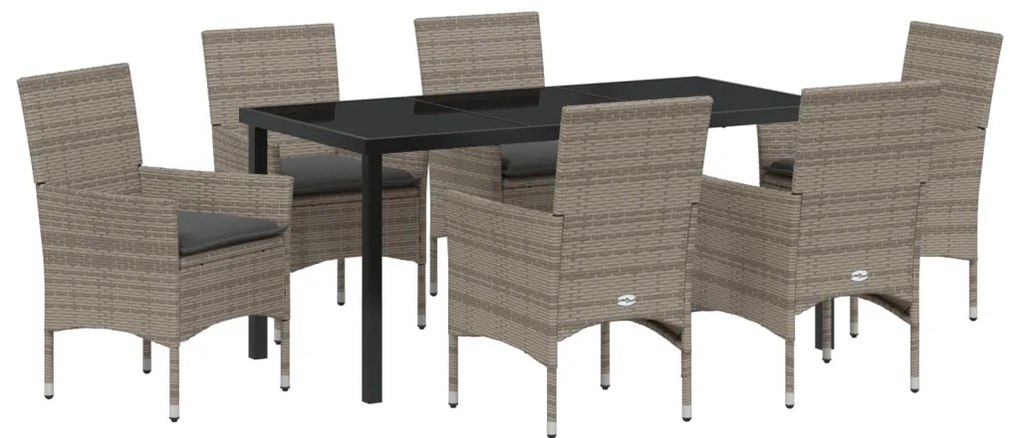 7 Darabos Kerti Étkező Készlet Párnákkal Szürke Polirattan, Kerti Asztal Fekete 160x80x73 cm Edzett Üveg