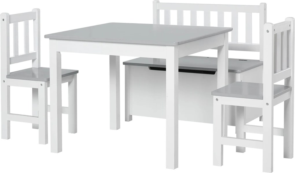 HOMCOM Gyermek Asztal és Szék Szett 4 Részes: 2 Szék és Tároló Pad Gyerekeknek 3 Éves Kortól, Szürke és Fehér | Aosom