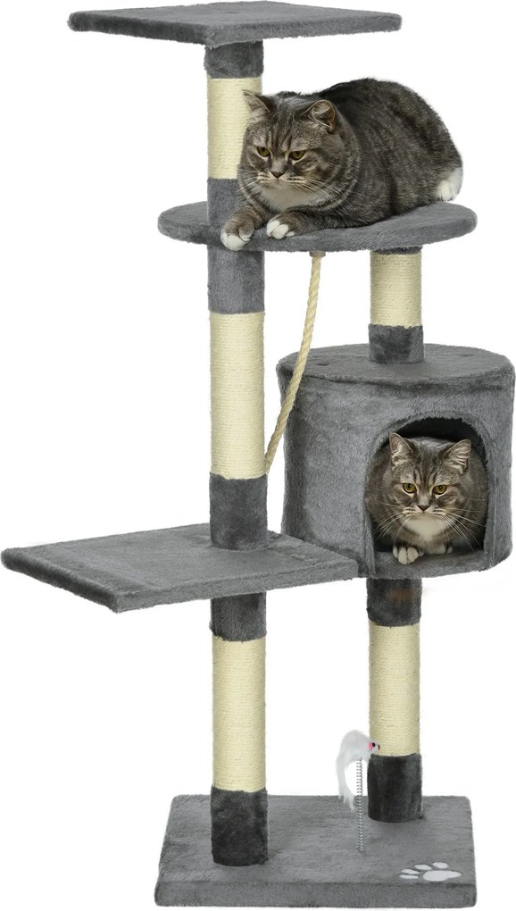 PawHut Macska Kaparó 116 cm Magas Macska Fa Mászótorony Játékos Sziszál Kaparó Oszlopokkal, Kényelmes Barlanggal, Platformokkal és Szórakoztató Függő