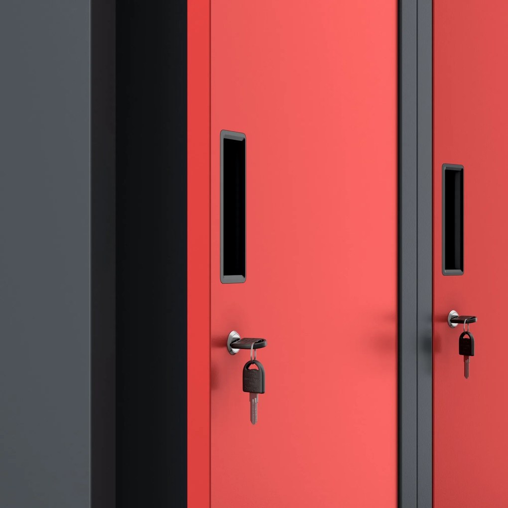 Pléh öltözőszekrény talpazaton, kétmodulos, polccal és köztes fallal KACPER, 800 x 1800 x 500 mm, antracit-piros