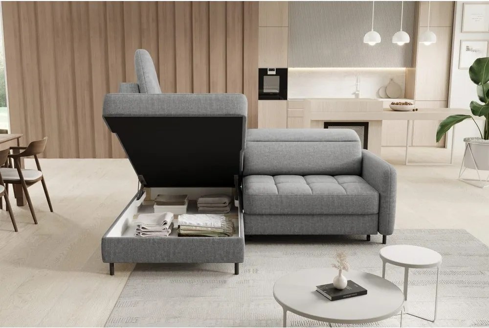 Szürke bársony kinyitható-tárolóhelyes sarokkanapé (bal oldali-L alakú) Barea – ELTAP