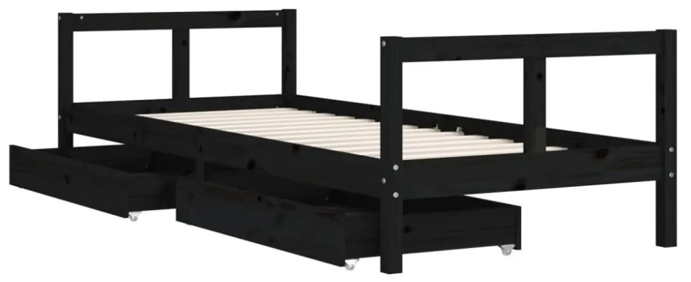 fekete tömör fenyőfa gyerekágykeret fiókokkal 80 x 200 cm