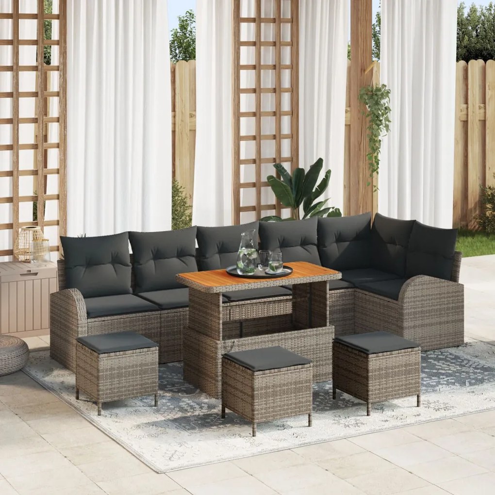 9 darabos kertisofa szett párnákkal szürke poli rattan akác, 2 személyes kertisofa párnákkal szürke poli rattan, 3 darabos kert étkező szett párnákkal szürke poli rattan akác