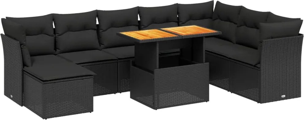 vidaXL 9 részes fekete polyrattan kerti ülőgarnitúra párnákkal