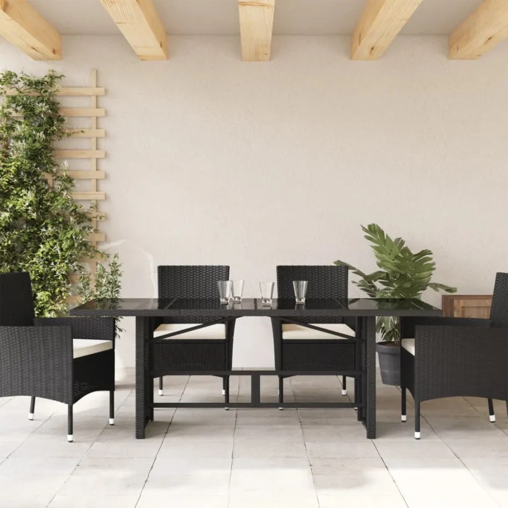 fekete polyrattan üveglapos kerti asztal 190x80x74 cm