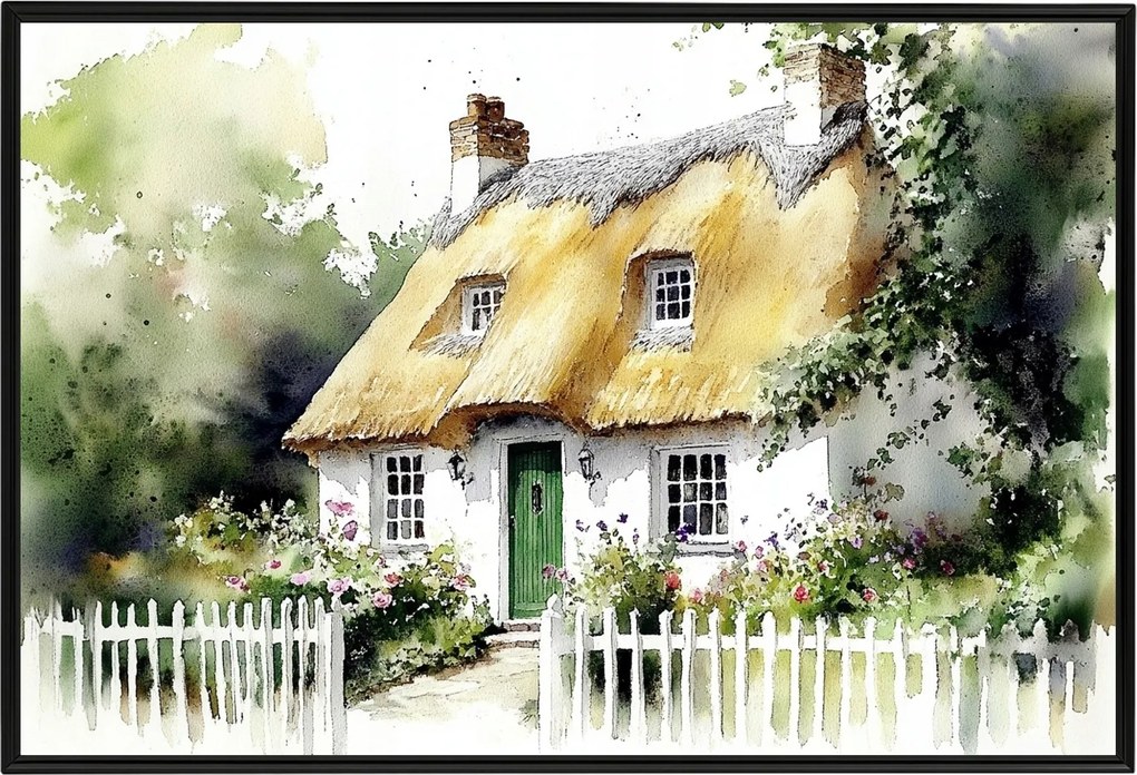 Poszter Keret Alumínium Tájkép Anglia Ház Kunyhó Kert Nádas Falu 60x40