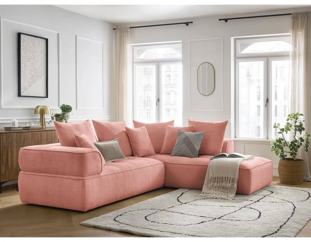 Rózsaszín zsenília sarokkanapé (jobb oldali-L alakú) Whesley – Bobochic Paris