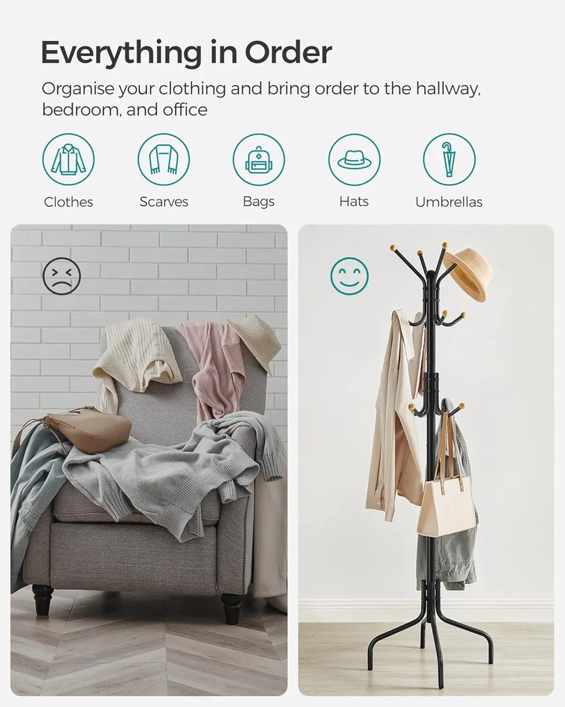 Álló fogas, fém ruhafogas 12 akasztóval, 55 x 55 x 180 cm, fekete