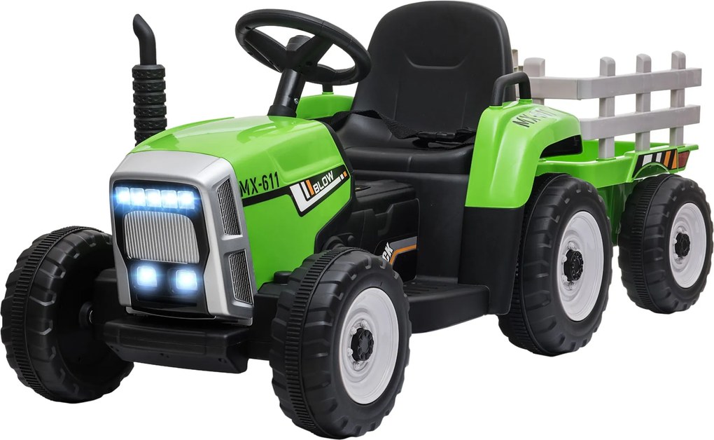 HOMCOM Elektromos Traktor Trailerrel, Gyerek Elektromos Traktor Távirányítóval, Gyerek Elektromos Autó MP3 Funkcióval, Gyermek Jármű Fényszóróval, 3-6