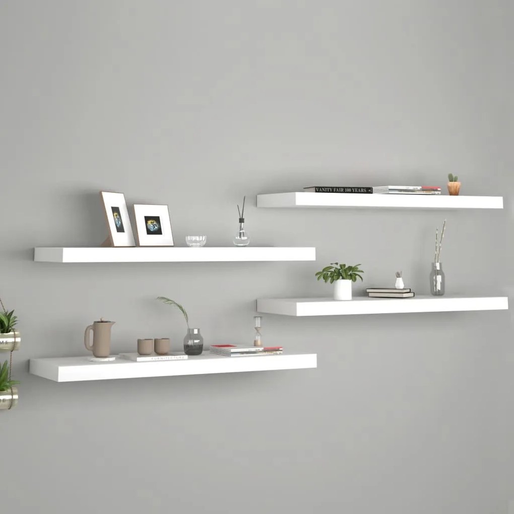 4 db fehér MDF lebegő fali polc 80 x 23,5 x 3,8 cm