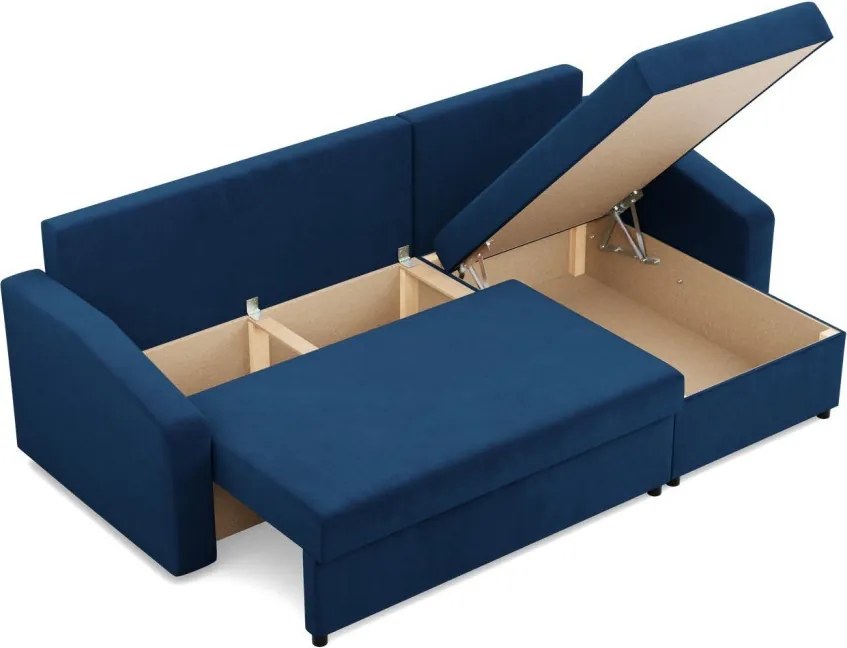 Zeus sarokkanapé, 2 ágyneműtartóval, döntött kartámasz, bársony, univerzális oldal, hab töltet, kék