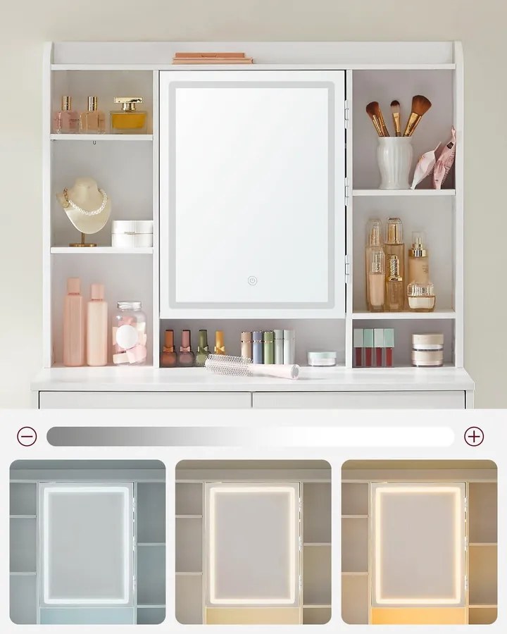 KAILYN LED sminkasztal tükörrel, 2 fiókkal, modern, felhőfehér