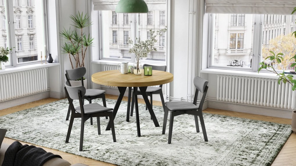 Mazzoni VITO Amerikai Tölgy/fekete lábak - LOFT/IPARI STÍLUSÚ 310 cm-re BŐVÍTHETŐ NAGY KEREK ASZTAL Ø110 Y LÁBAKKAL