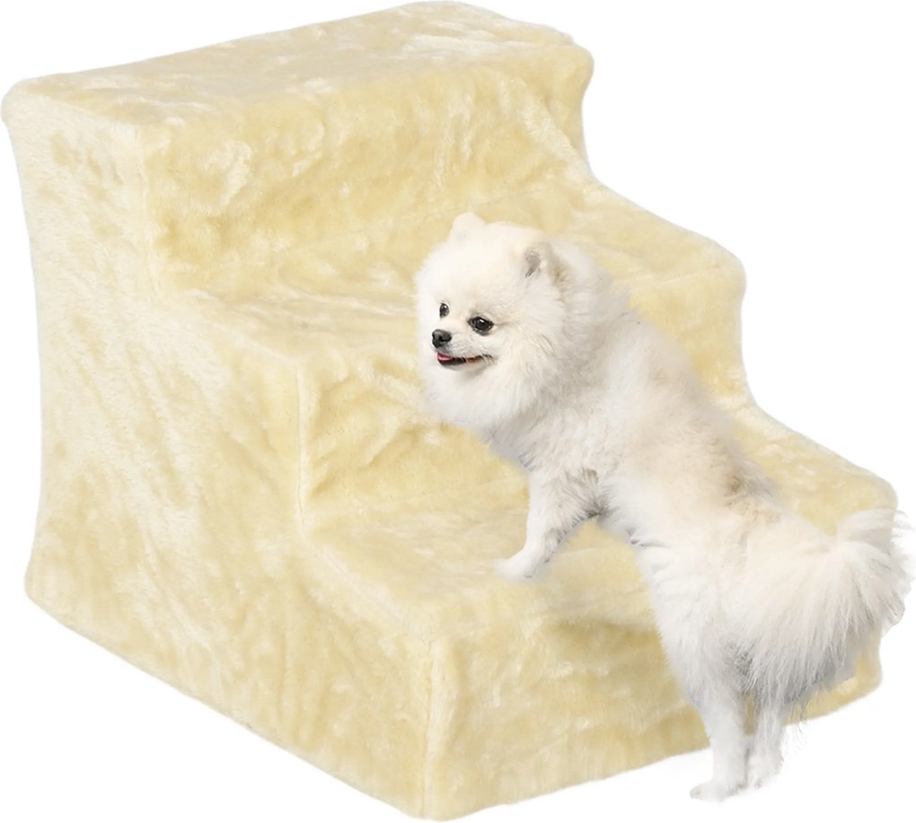 PawHut Kiskutya Lépcső, 3 Fokozat, 35 cm Magas, Kis Kutyák és Macskák Számára, Kiskutya Lépcső és Lépcsőzár Fehér Plüss Borítással Ágyhoz, Kanapéhoz,