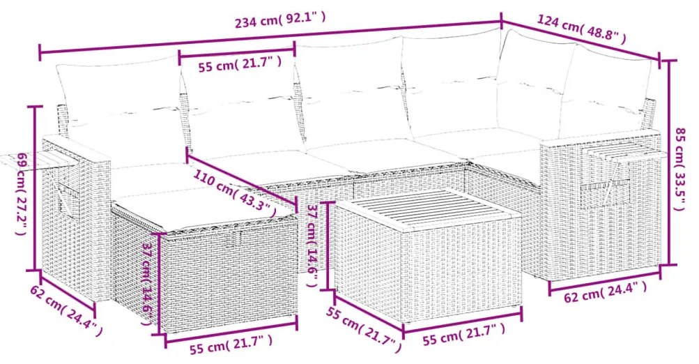 7 részes vegyes bézs polyrattan kerti ülőgarnitúra párnákkal