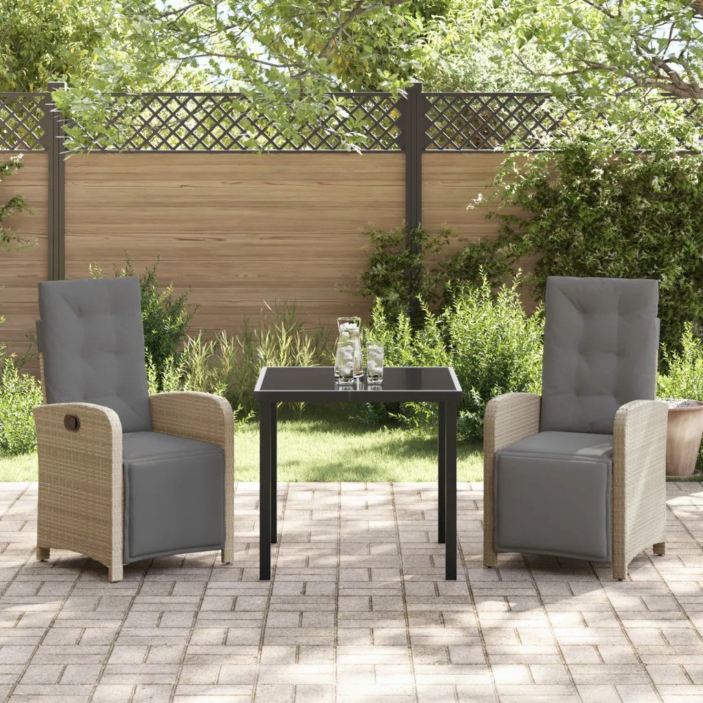 3 Darabos Kerti Étkezőszett Párnákkal Bézs Polyrattan, Kerti Asztal Fekete 80x80x73 cm Edzett Üveg