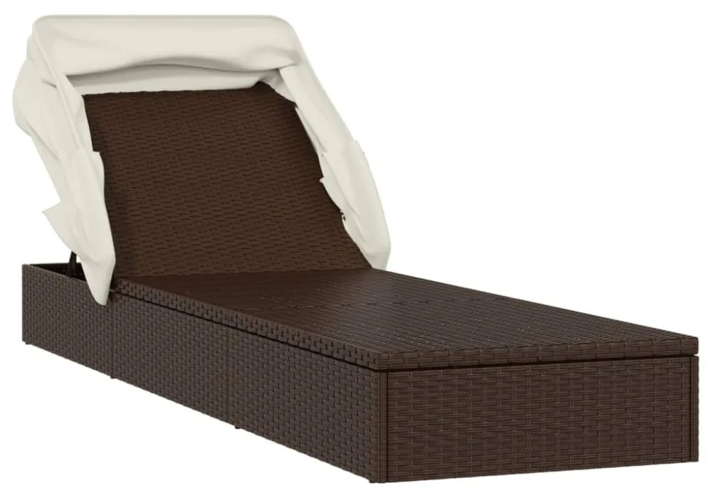 barna polyrattan napozóágy összecsukható tetővel 213x63x97 cm