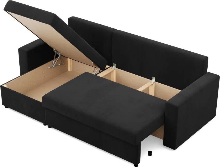 Zeus sarokkanapé, 2 ágyneműtartóval, egyenes kartámasz, szövet anyag, univerzális oldal, hab töltet, fekete