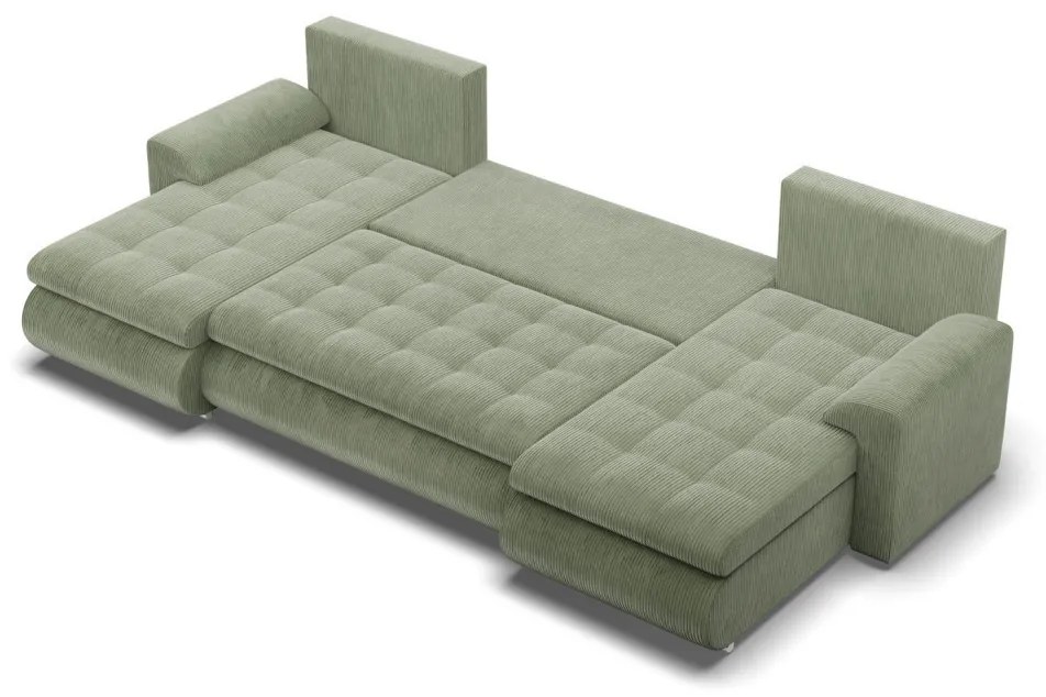 Tokio U alakú sarokkanapé, 3 ágyneműtartóval, kordbársony, univerzális oldal, zöld