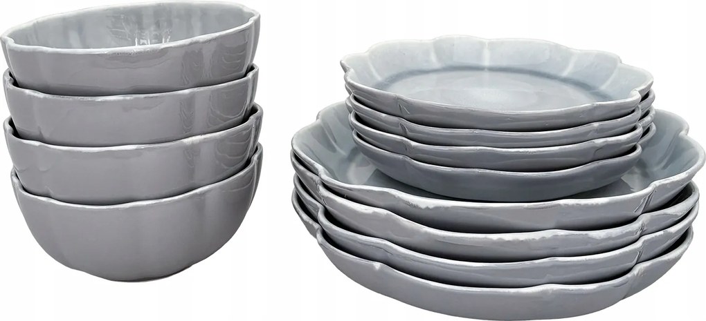 Étkezőgarnitúra 4 Személyes Szürke-kék Kerámia Tányér Szett 12 Db-os