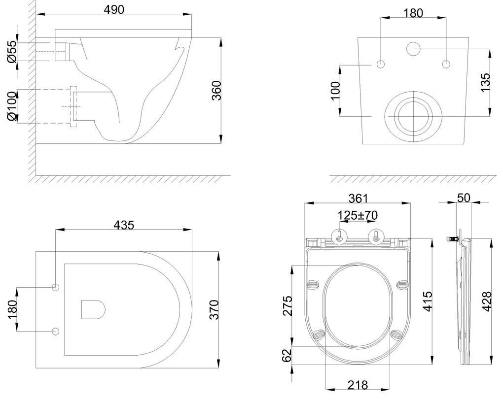 Invena Limnos, falra szerelhető wc csésze Swirlflush 490x370x360 mm + wc ülőke lassan záródó, fehér, INV-CE-93-001-L