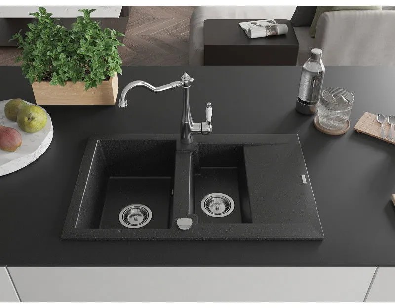 Mexen Gaspar, gránit mosogató 752x436x161 mm, 1,5 kamrás és Carla mosogató csaptelep, fekete-ezüst metál, 6507-73-670700-00