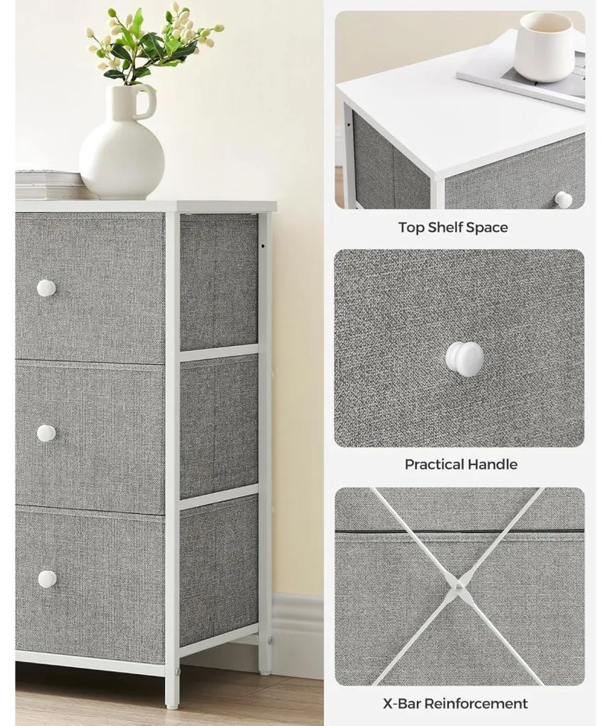 Tároló szekrény hat fiókkal, ruhás szekrény, fehér és világosszürke 80x30x71cm