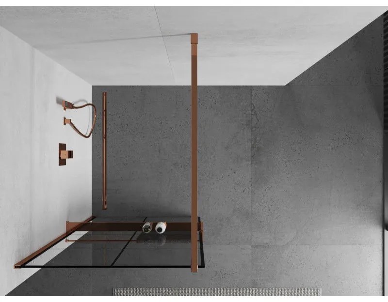 Mexen Kioto +, zuhanyparaván polccal és törölközőtartóval 80 x 200 cm, 8mm átlátszó üvegmintás fekete, rózsa arany profil, 800-080-121-60-77