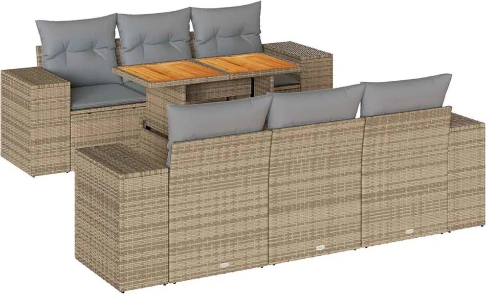 vidaXL 7 részes bézs polyrattan kerti ülőgarnitúra párnákkal