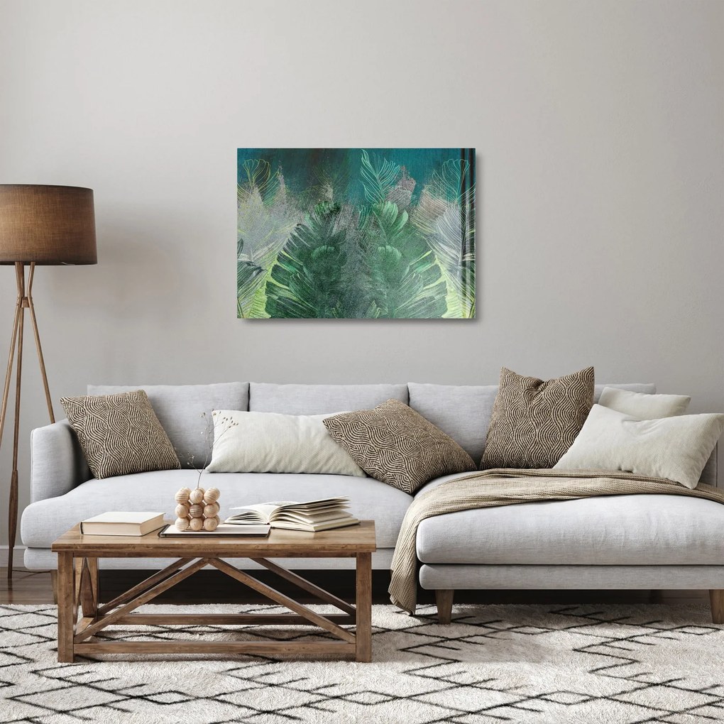 Üveg kép - Beton textúra levelekkel (70x50 cm)