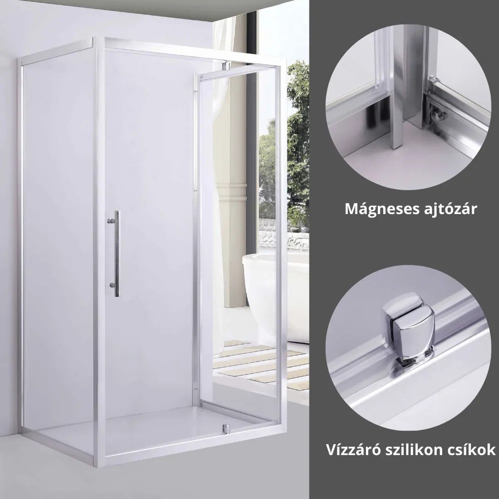 Stuxi Torino 100x90 falsíkra szerelhető 3 oldalú nyílóajtós zuhanykabin 6 mm vízlepergető biztonsági üveggel, króm elemekkel, 200 cm magas