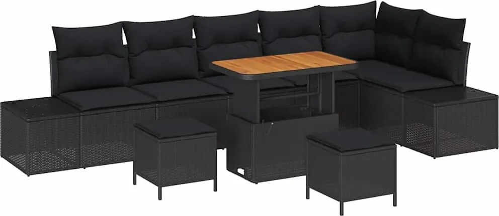 vidaXL Kerti Kanapé Szett párnával 9 pcs Fekete polirattan