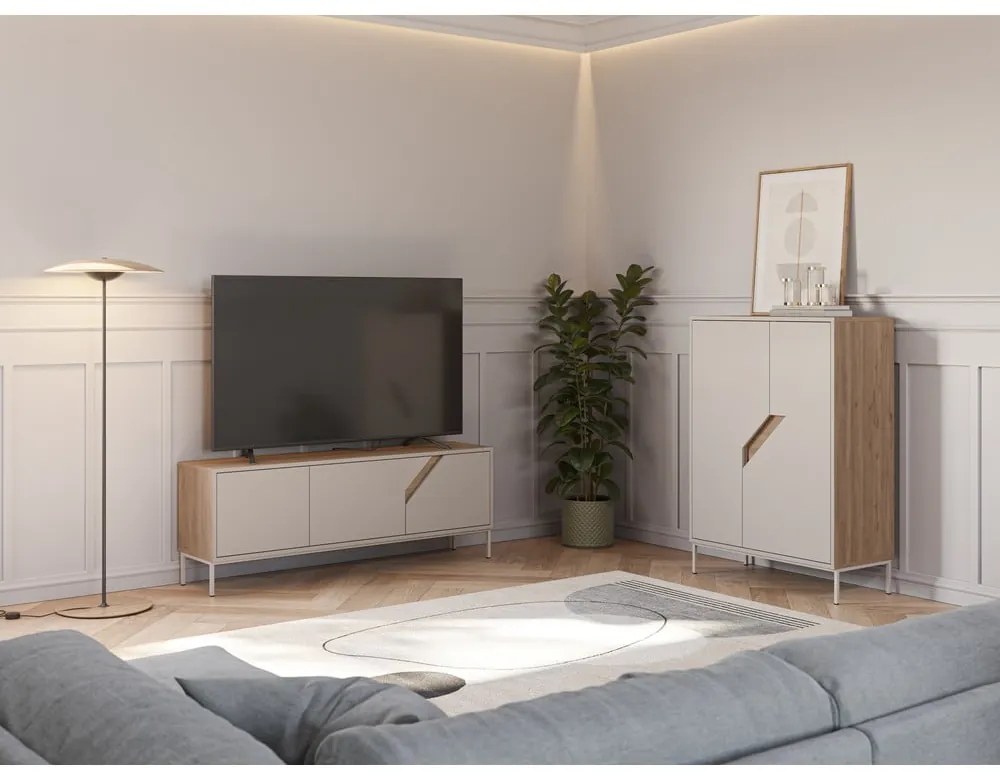 Krémszínű-natúr színű komód tölgyfa dekorral 150x55x35 cm Lilou – Marckeric