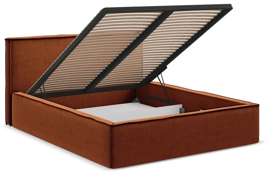 Terrakotta színű kárpitozott ágyneműtartós franciaágy ágyráccsal 160x200 cm Anani – Makamii