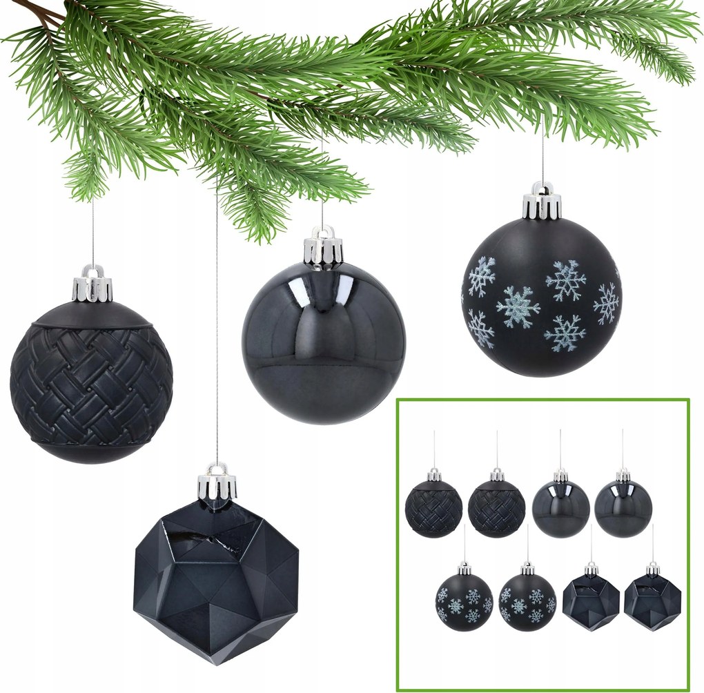 Antracit karácsonyfadíszek, karácsonyfadísz szett, karácsonyfadísz 6cm, 8db